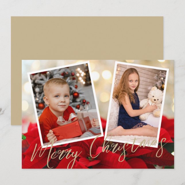 Elegant Gold Poinsettia Merry Christmas 2 Photos  Holiday Card (Front/Back)