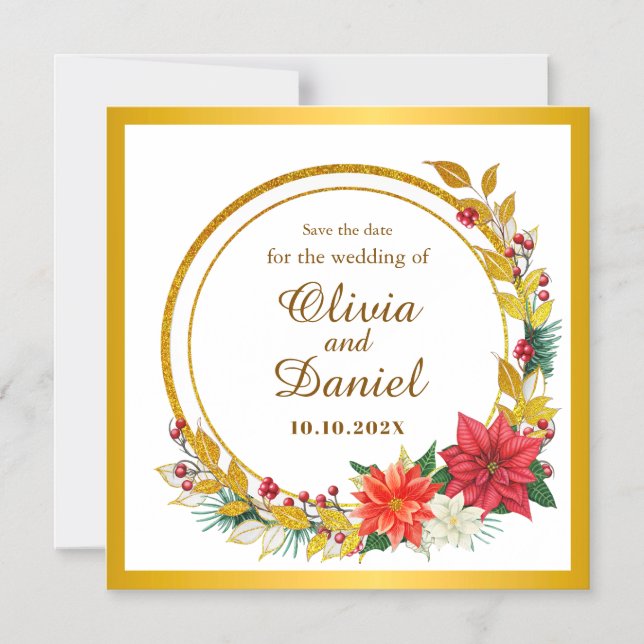 Elegant Gold & Poinsettia Wreath Save the Date Magnetic Invitation (Front)