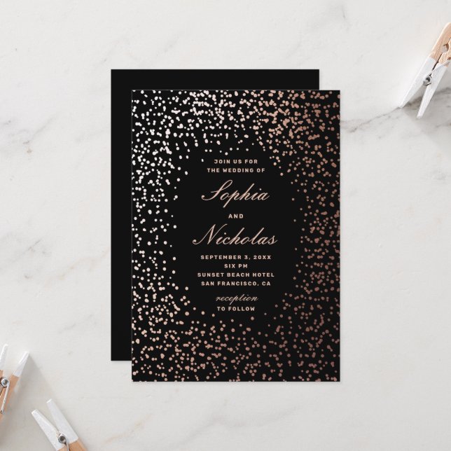 Elegant gold polka dots. Black modern wedding Invitation (Front/Back In Situ)