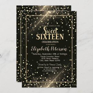 Elegant Gold Polka Dots, Black Sweet 16 Invitation