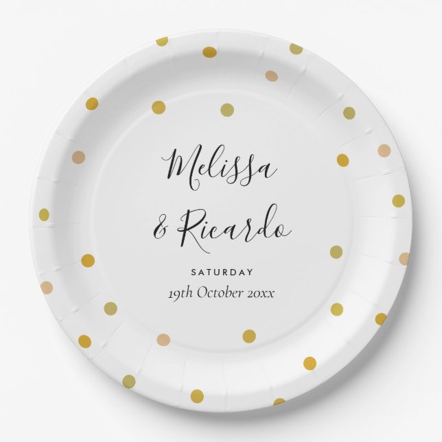 Elegant Gold Polka Dots Wedding Paper Plate (Front)