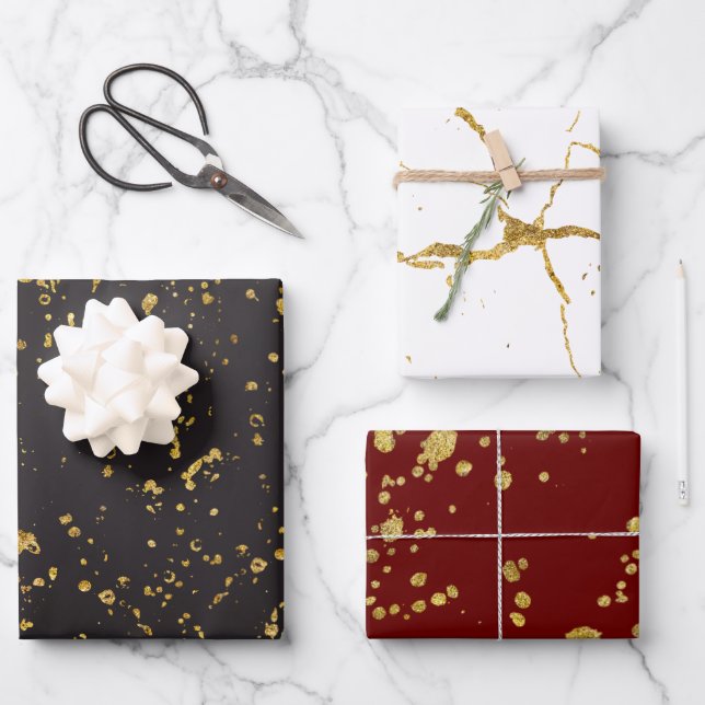 Elegant Gold Printed Splashes and Streaks Pattern Wrapping Paper Sheet (Front)