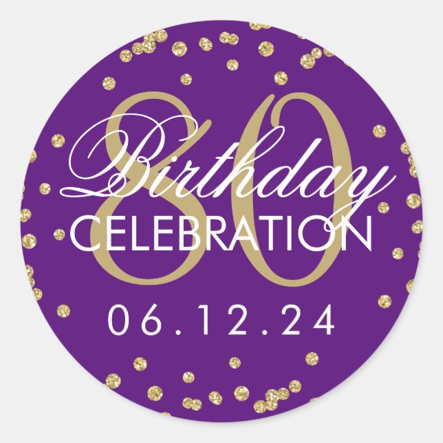 Elegant Gold Purple 80th Birthday Glitter Confetti Classic Round Sticker (Front)
