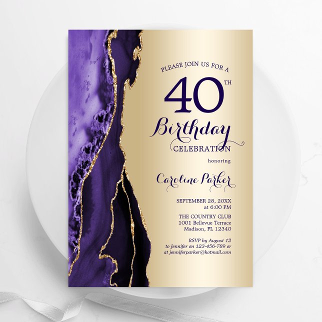 Elegant Gold Purple Agate 40th Birthday Invitation (Creator Uploaded)