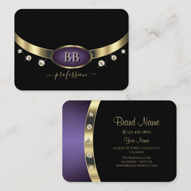 Elegant Gold Purple Black with Initials Diamonds Business Card (Front/Back)