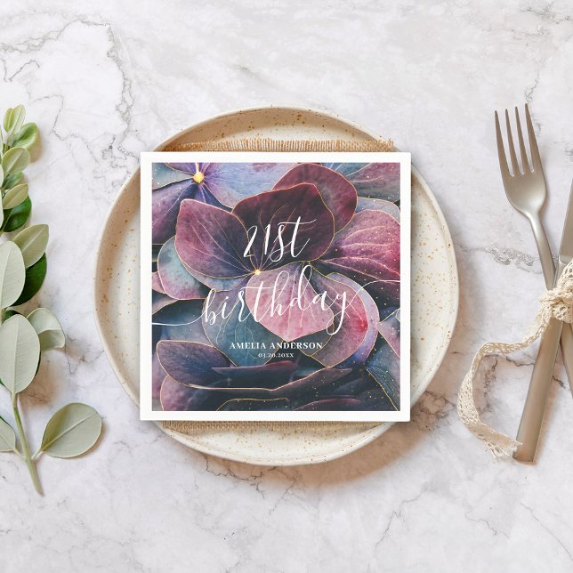 Elegant Gold Purple Blue Hydrangeas 21st Birthday Napkin (Creator Uploaded)
