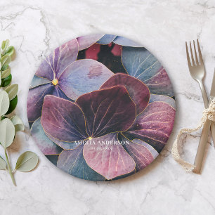 Elegant Gold Purple Blue Hydrangeas Birthday Party Paper Plate