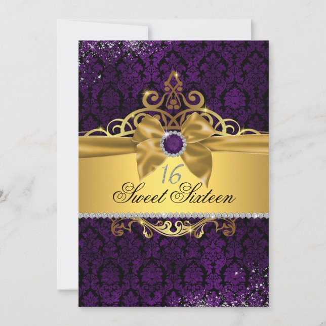 Elegant Gold Purple Damask Sweet Sixteen Invite (Front)