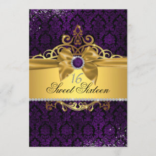 Elegant Gold Purple Damask Sweet Sixteen Invite