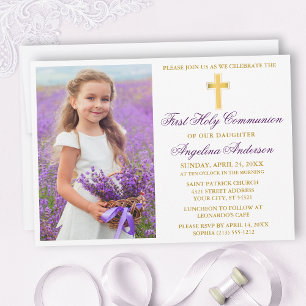 Elegant Gold Purple First Communion Photo Invitation