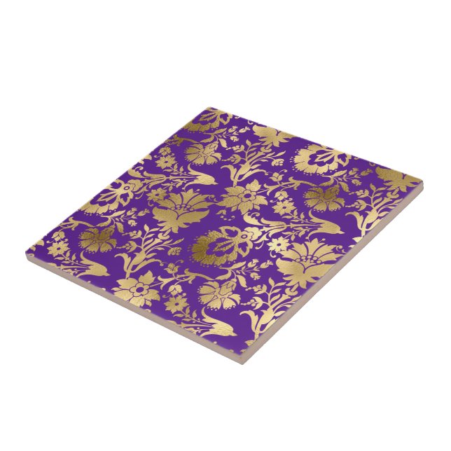 Elegant Gold Purple Floral Ceramic Tile (Side)