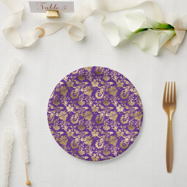 Elegant Gold Purple Floral Paper Plate (Wedding)