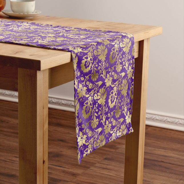 Elegant Gold Purple Floral Short Table Runner (In Situ)