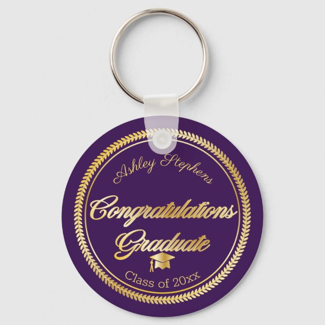 Elegant Gold | Purple Grad Cap Class Year Key Ring (Front)