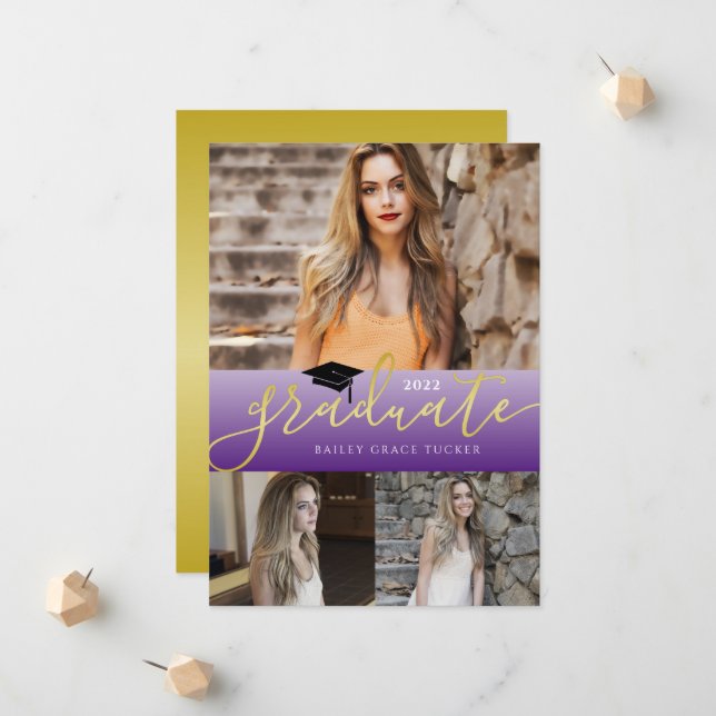 Elegant Gold Purple Graduate 3-photo Graduation Announcement (Front/Back In Situ)