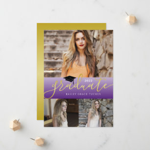 Elegant Gold Purple Graduate 3-photo Graduation Announcement