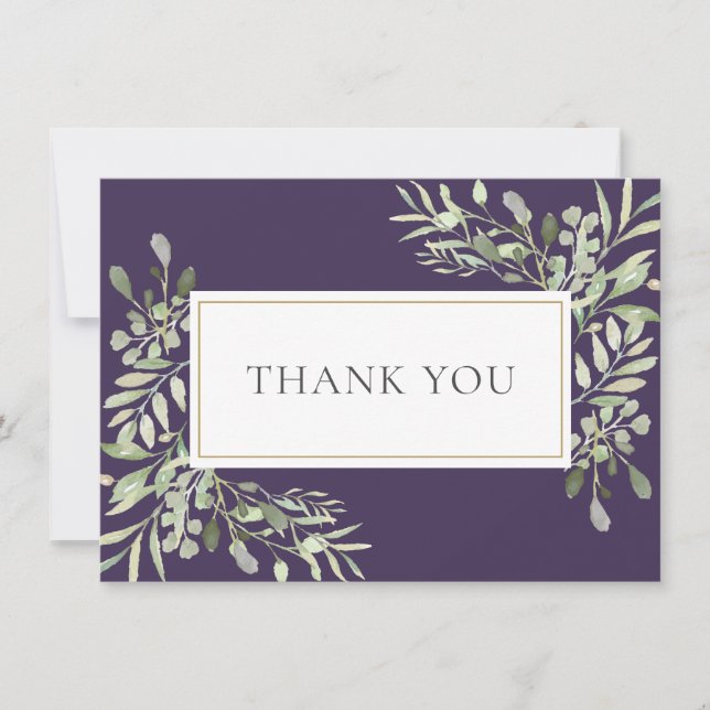 Elegant Gold Purple Greenery Foliage Thank You Card (Front)