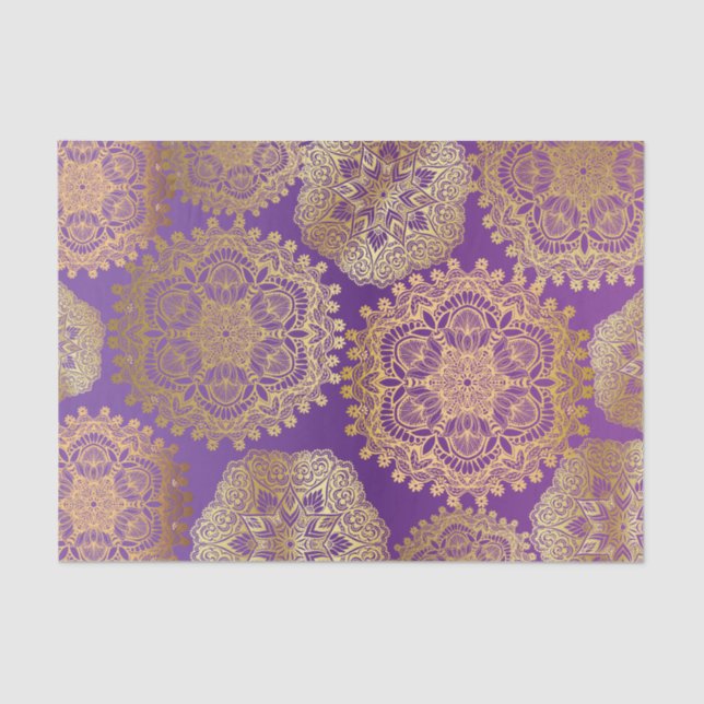 Elegant Gold Purple Mandala Pattern Tissue Paper (Front)
