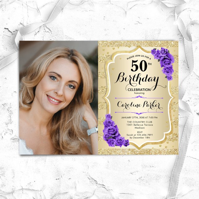 Elegant Gold Purple Photo 50th Birthday Invitation (Creator Uploaded)