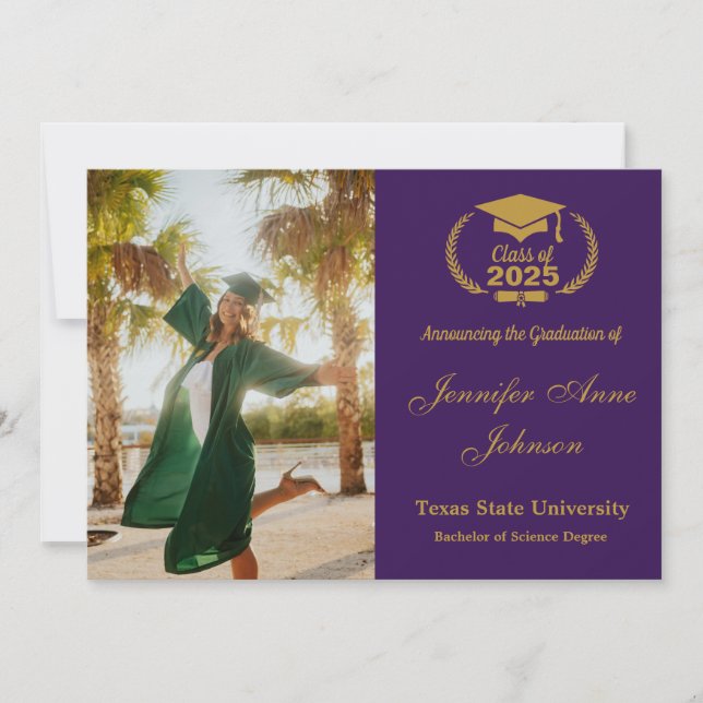 Elegant Gold Purple Photo Graduation Announcement (Front)