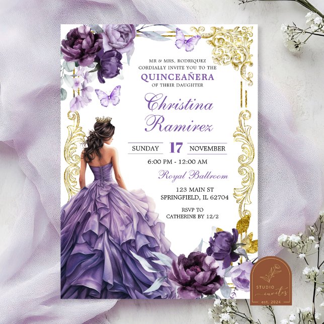 Elegant Gold Purple Princess Quinceanera Invitation (Creator Uploaded)