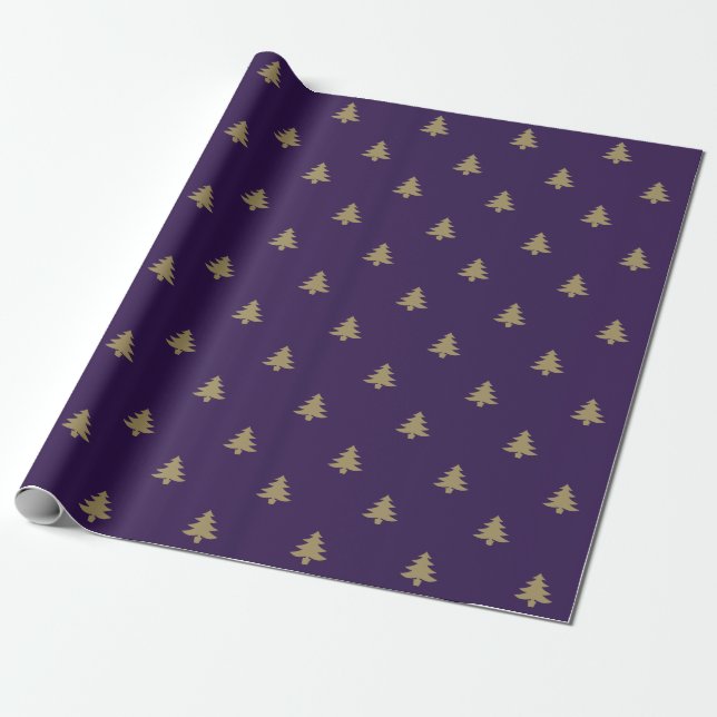 Elegant gold purple violet Christmas trees pattern Wrapping Paper (Unrolled)