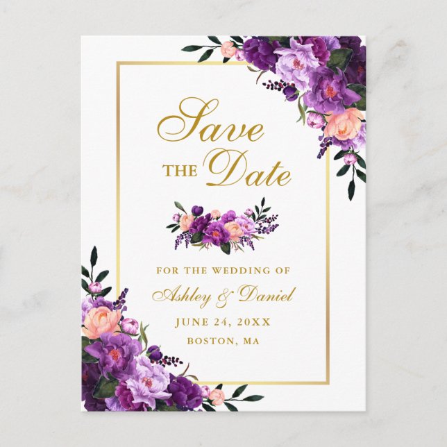 Elegant Gold Purple Violet Floral Save the Date Announcement Postcard (Front)