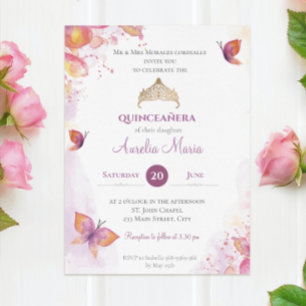 Elegant Gold Quinceañera  Tiara Butterflies Invitation