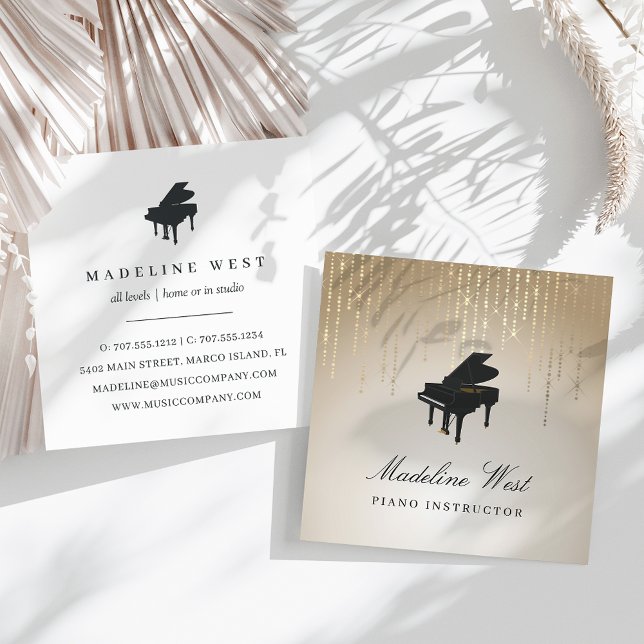 Elegant Gold Rain Piano Instructor Music Teacher Square Business Card (Creator Uploaded)