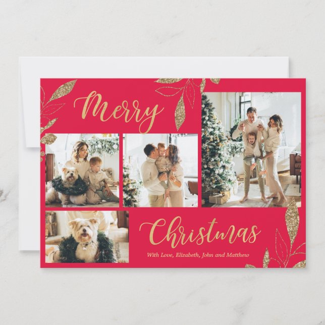 Elegant Gold Red 4 Photo Collage Christmas Card  (Front)