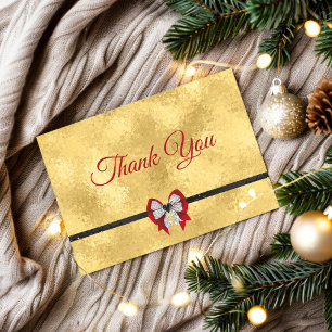 Elegant gold red bow tie monogram thank you card