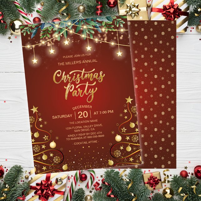 Elegant Gold Red Christmas House Corporate Party Invitation (Elegant Gold Red Christmas Eve Holiday Home Party Invitation)