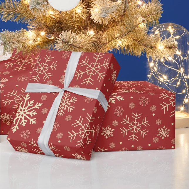 Elegant Gold & Red Christmas Snowflake Pattern Wrapping Paper (Holidays)