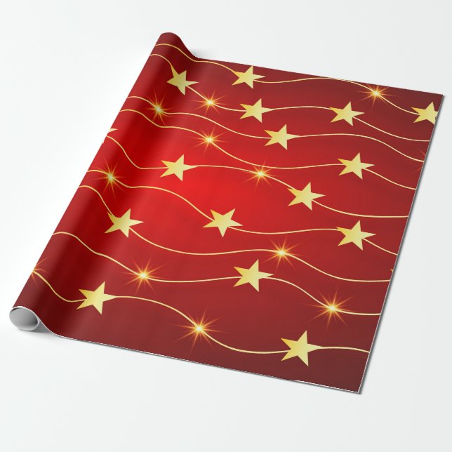 Elegant Gold & Red Christmas Star Pattern Wrapping Paper (Unrolled)