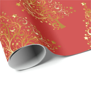 Elegant Gold & Red Christmas Tree Pattern Wrapping Paper