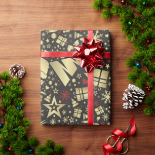 Elegant Gold & Red Christmas Tree Pattern Wrapping Paper