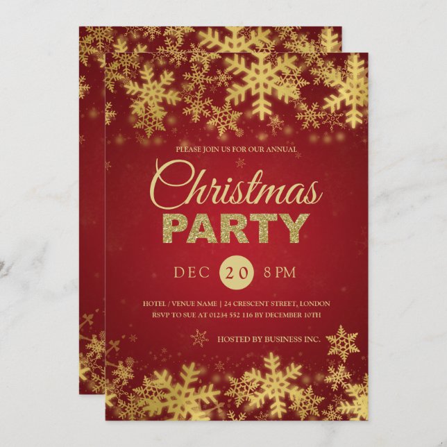 Elegant Gold & Red Corporate Holiday Party Invitation (Front/Back)