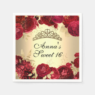 Elegant Gold Red Floral Themed Sweet Sixteen Napkin