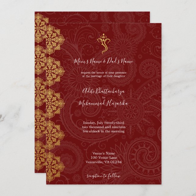 Elegant Gold & Red Ganesha Indian Wedding Invitation (Front/Back)