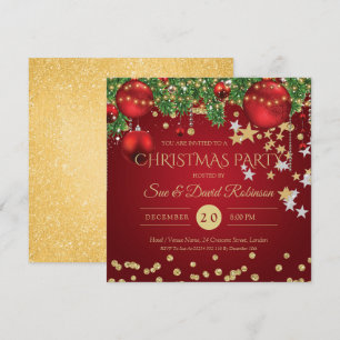 Elegant Gold Red Glitter Christmas Holiday Party Invitation