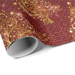 Elegant Gold & Red Glitter Christmas Tree Pattern Wrapping Paper