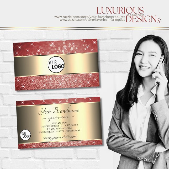 Elegant Gold Red Glitter Sparkle Stars and Logo Business Card (Creator Uploaded)