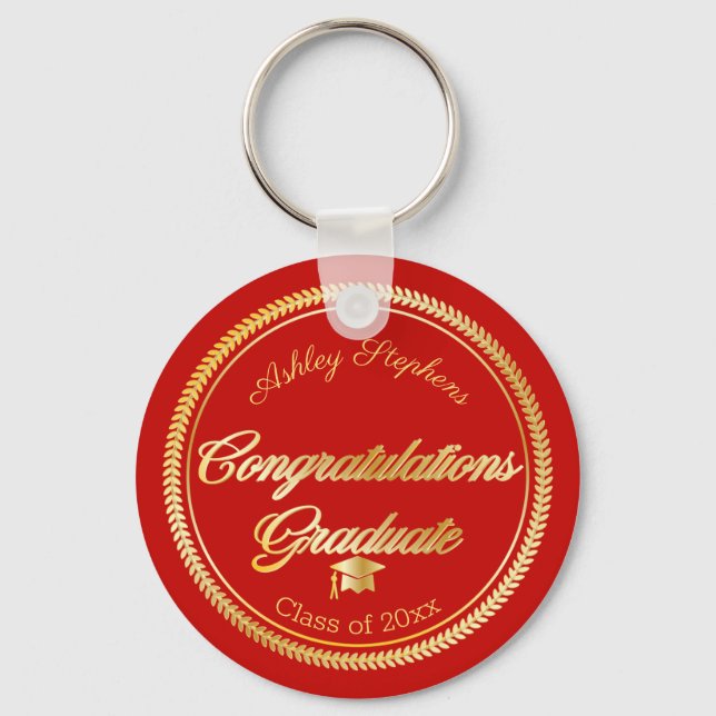 Elegant Gold | Red Grad Cap Class of 2021 Key Ring (Front)