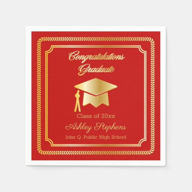 Elegant Gold | Red Grad Cap Class of 2023 Napkin (Front)
