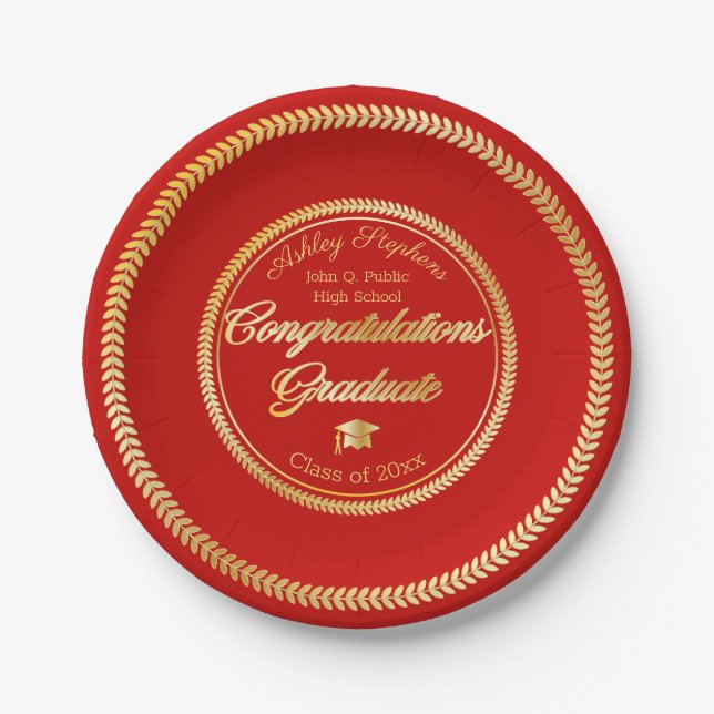 Elegant Gold | Red Grad Cap Class of 2023 Paper Plate (Front)