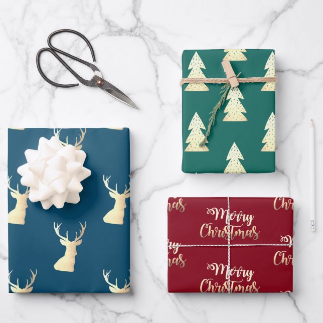 Elegant gold red green blue Christmas patterns Wrapping Paper Sheet (Front)