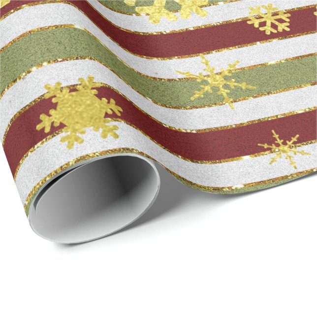 Elegant Gold Red Green Christmas Snowflake Pattern Wrapping Paper (Roll Corner)
