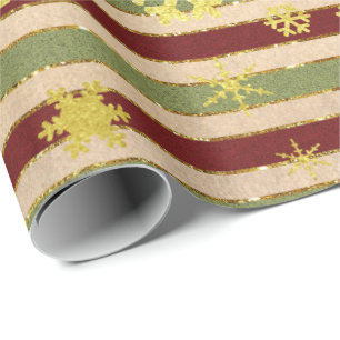 Elegant Gold Red Green Christmas Snowflake Pattern Wrapping Paper