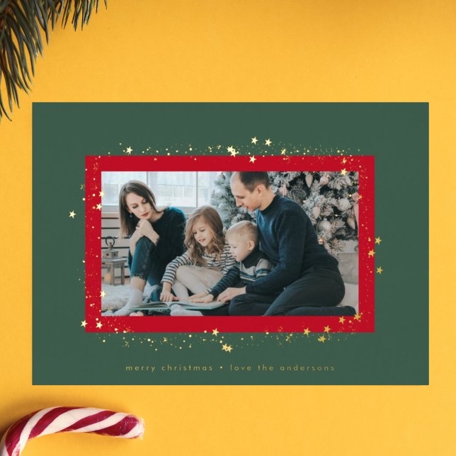 elegant gold red green stars christmas photo frame foil holiday card (Creator Uploaded)