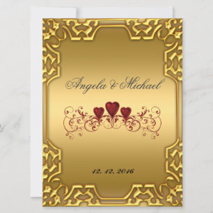 Elegant Gold Red Hearts Wedding Invitation